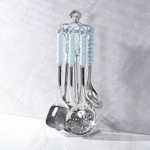 Ensemble De 7 Ustensiles De Cuisine En Acier Inoxydable Avec Étagère Suspendue Kit Ustensiles De Cuisine Inox Avec Manche En Céramique Set De Couverts De Cuisine Passe Au Lave-vaisselle , Sky Blue