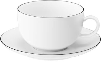 Seltmann Weiden Lido Black Line Milchkaffeetasse mit Untertasse, 350 ml, Tasse-Untertasse-Set mit schwarzem Rand, Porzellan, Weiß