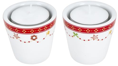 MamboCat 2er Set Weihnachtstraum Teelichthalter I Höhe 5,1cm I runde Porzellan-Kerzenhalter für Stabkerzen & Teelichter für Weihnachten, Advent & Co