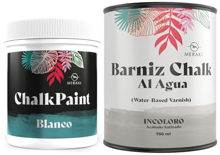 Meraki CHALK PAINT Pintura efecto tiza al agua mate (500ML) (BLANCO + BARNIZ SATINADO)