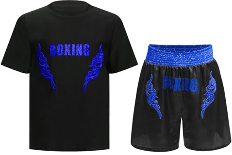 Oyolan Barn pojke boxning shorts och T-shirt boxningsset kampboxningsset Muay Thai MMA sparkar boxning outfit, B svart blå, 11-12 ans