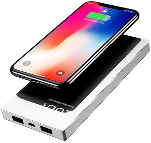 KhUkhu Caricabatterie Portatile Wireless, Batteria Power Bank A Ricarica Rapida da 20000 mAh con Doppia USB E Display LED Compatibile con iPhone E Tutti I Dispositivi Abilitati Qi,Bianca