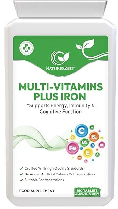 Multi-Vitamins Plus Iron – High Strength | 180 Vegetarian Tablets,6-Month Supply | Multivitamin for Men & Women | Energy, Immunity & Cognitive Support | Vitamins B12, B9, C, D3, E | Non-GMO