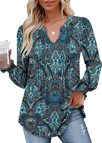 CHICZONE Womens Tunic Tops Puff Long Sleeve T-Shirt Pleated V Neck Blouse Shirts S-XXL