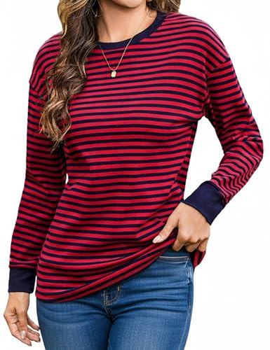 Totatuit Camiseta de Mujer a Rayas con Cuello Redondo en Tejido de Punto de Algodón Elegante y Versátil para Cualquier Ocasión Rojo，XXL
