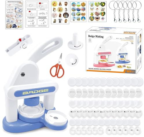 KBIBCK Buttonmaschine, Button Maker Badge Machine, Buttons Selber Machen, DIY Button Maker mit 85 Zubehörteilen & Kreisschneider, Pin Maker Machine für Personalisierte Dekorationen DIY Kreation (Blau)
