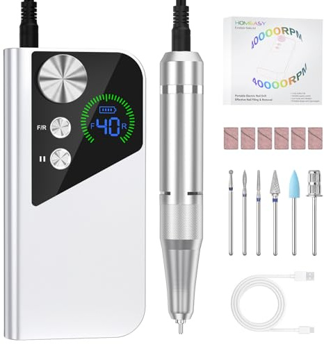 HOMEASY Torno para Uñas Profesional con Motor Silencioso y Antideslizante Limadora Eléctrica para Manicura y Pedicura Incluye Puntas de Cerámica Duraderas Batería Recargable Pantalla LCD Inteligente
