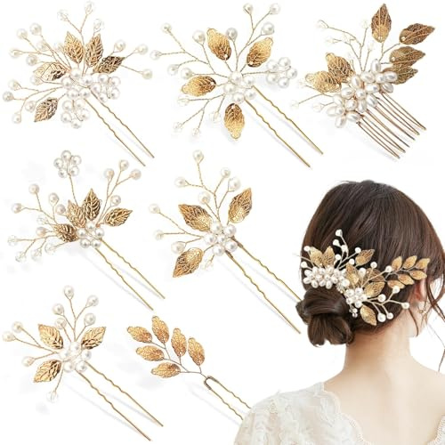 FrostyFlair Bijoux de Cheveux Or, 7 Pièces Feuilles Dorées Bijoux de Cheveux Mariage, Épingles à Cheveux Cristal Perles Mariage, Bijoux de Mariée Or, Bijoux de Cheveux Mariée
