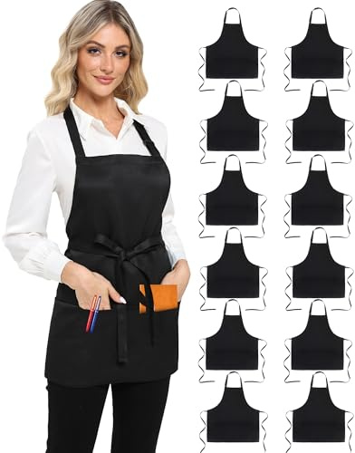 Argstar 12 Pack Unisex Three Pocket Apron, Chef Waitress Aprons for Kitchen Cooking Restaurant BBQ