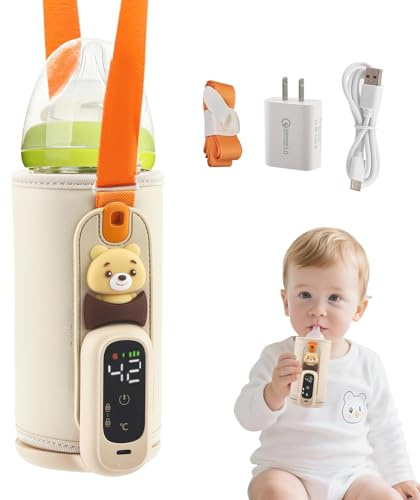 Tragbarer Flaschenwärmer für Unterwegs, Babyflaschenwärmer für Muttermilch & Pre-Nahrung, Milchwärmer mit genauer Temperaturkontrolle (38°C–50°C), Nährstofferhalt, BPA-frei, mit süßem Bärendesign