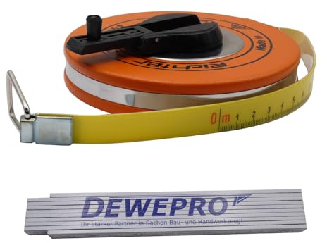 Richter Glasfaserbandmaß 50 m – 16 mm breit – gelbes Gewebeband mit mm-Teilung – in robuster Platalkapsel mit Kunststoffüberzug – Maßanfang A (10 cm Vorlauf) inkl. DEWEPRO Zollstock 2 m