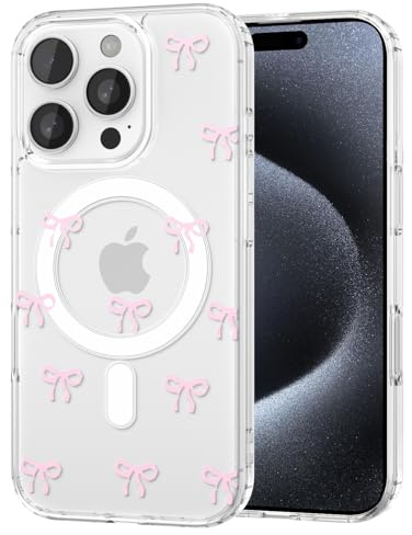 TVVTPU Magnetica Cover per iPhone 15 Pro Max Compatibile con MagSafe, Custodia Trasparente con Motivo a Fiocchi Silicone TPU Bumper Protezione Antiurto Antigraffio Case, Rosa
