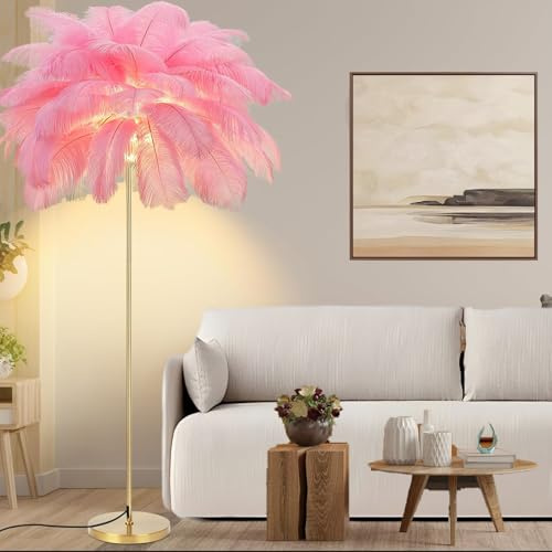 Federlampe Stehlampe, 160cm Straußenfeder-Stehlampe, 3-farbig Dimmbar | Gold Stehleuchte mit Federn Lampenschirm, mit Knopfschalter Dekorbeleuchtung