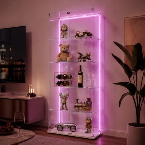Vetrina in vetro con luci a LED, vetrina in vetro, 5 ripiani, 2 porte, armadietto in vetro, adatto per soggiorno, camera da letto, uffici e bar (bianco, 5 livelli, 2 ante + LED)