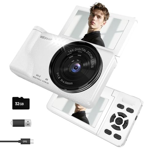 Digitalkamera 64MP 4K, Wevoor Kompaktkamera mit 3 180° Flip Screen, 2000mAh Akku, 32GB Karte, Autofokus & 18X Digitalzoom, Fotokamera für Vlogging Selfies Reisen Anfänger Teens Kinder - Weiß