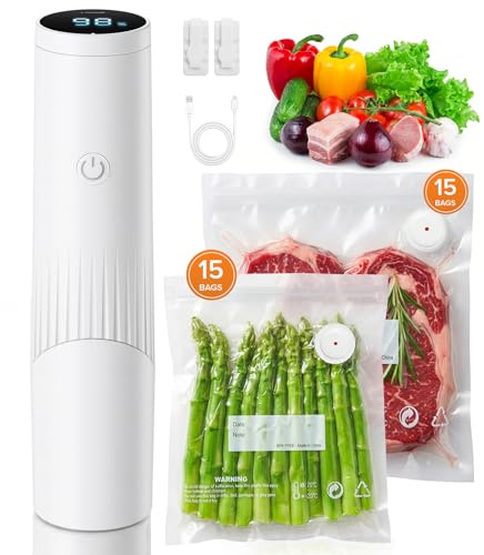Sellador al vacío compacto de 1800 mAh para alimentos (máquina selladora al vacío + 30 bolsas reutilizables), potente sellador de alimentos de mano de 80 kPa con pantalla LCD, tanque de agua visible