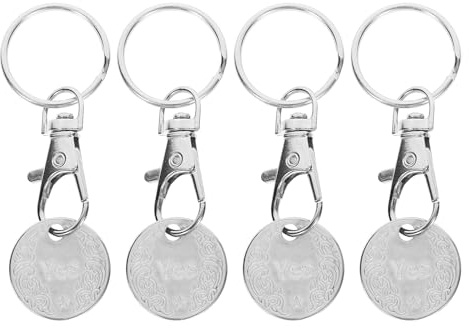 KALLORY 4 Pieces Stainless Steel Shopping Trolley Tokens Keychain Set, Metal Token Keyring Pendant for Supermarket Cart, Small White Key Chain Rings for Grocery Shopping