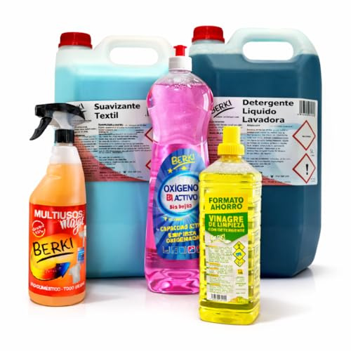 Pack Ahorro Limpieza Hogar BERKI – Detergente Lavadora 5L + Suavizante 5L + Oxígeno Activo + Vinagre de Limpieza + Multiusos – Kit Completo Profesional