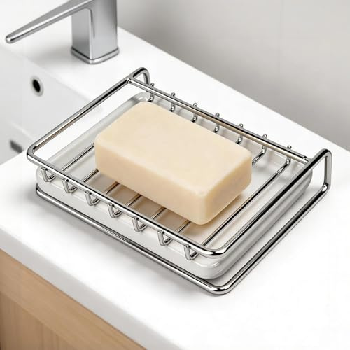 Seifenhalter, Seifenschale mit Ablauf Schnell Trocknende, 304 Edelstahl Seifenschale mit Keramik Abtropfschale für Badezimmer, Schwammhalter für Dusche, Küche, Waschbecken