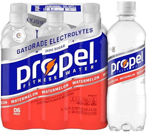 Propel Electrolyte Enhanced Water Sports Drink, Watermelon Flavored Water, Zero Calorie & Zero Sugar Hydration with Electrolytes and Vitamins C & E, 16.9 fl oz Water Bottles (6 Pack)