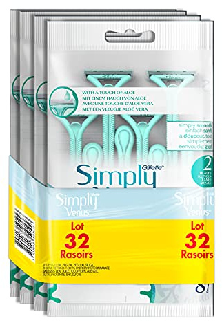 Gillette Simply Venus 2 Rasoirs Jetables Femme Touche d'Aloe Vera, Lot de 32 (4 x 8) Pour un Rasage de près en Douceur [OFFICIEL]