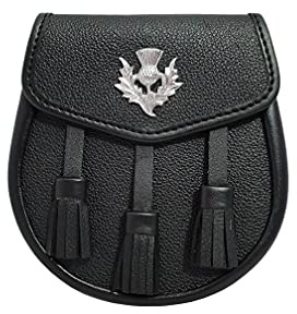 100 % svart läder sporran med tistel och 3 tofsar skotsk Kilt Sporran med kedjebälte 02