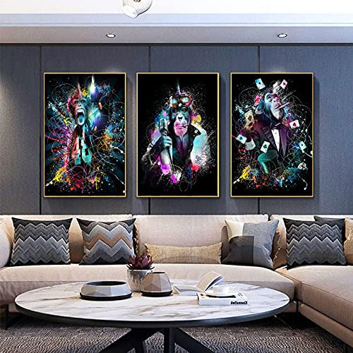 dsdsgog Rauchen Und Spielkarte Affe Poster Und Drucke Abstrakte Affe Leinwand Malerei Wohnzimmer Wandkunst Bilder Wohnkultur 40x60cmx3 Rahmenlos