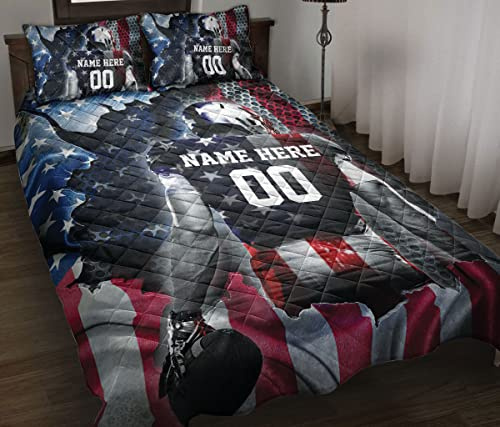 Custom American Football Player American Flag Pattern Personalized Name Number Quilt Blanket & Pillowcases, Quilts Bedding Set & Pillow Cover, King Queen Double Twin Throw Full Size Bedspread Bed Sets