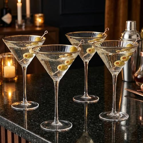 Goldrand-Gläser, 200 ml, Set mit 4 klassischen Manhattan-Gläsern mit goldfarbenem Rand, für Martini, Cocktails, Champagner, Kristall mit Stielen, Coupe – The Wine Savant (Martini)