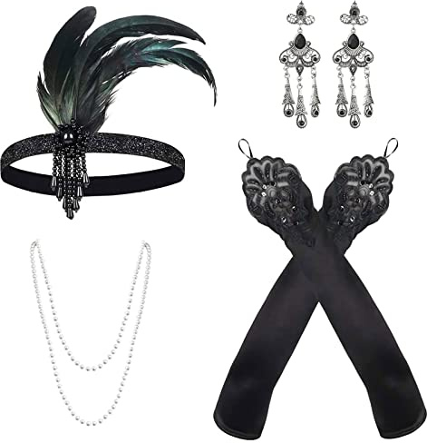 MIVAIUN 4 Stück 1920 Zubehör Set Vintage Kostüm Accessoires Gatsby Haarband Flapper Stirnband Perlenkette Ohrringe Lange Handschuhe Flapper Accessoires Great Gatsby Zubehör für Frauen