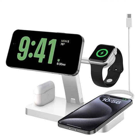 Caricatore magnetico senza fili 4 in 1, compatibile con caricabatterie Magsafe per iPhone 16/15/14/13/12,15 W, ricarica rapida pieghevole per Apple Watch 10/9/8/7/6/5/Ultra e Airpods (senza spina)