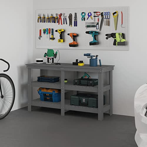 Tidyard Werkbank Werktisch Werkstatttisch Arbeitstisch mit Ablagen Garage Aufbewahrung Aufbewahrungstisch Werkstatt Werkstatttisch Montagewerkbank Grau 142,5x50x80 cm Massivholz Kiefer