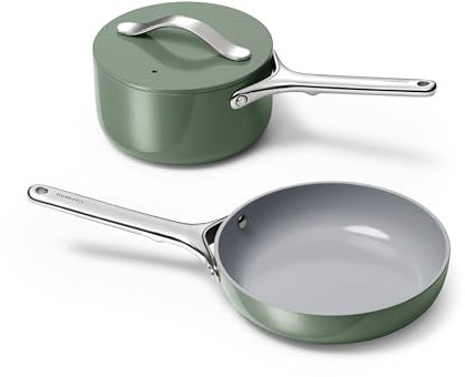 Caraway Mini Cookware Set - Non-Stick Ceramic Fry Pan (1.05 qt, 8) Sauce Pan (1.75 qt) & Storage Rack - Non Toxic, PTFE & PFOA Free - Oven Safe & Stovetop Agnostic (Gas, Electric & Induction) - Sage