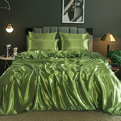 ROOEE Set completo di biancheria da letto in raso di seta, 6 pezzi, lenzuolo con angoli, copripiumino, 4 federe. Colore: verde oliva, misura super king