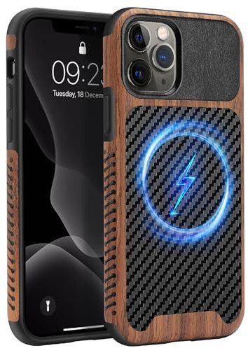 ZZDZZ Coque Magnétique pour iPhone 11 Pro [Compatible avec MagSafe] Étui de Cuir en Bois et Carbone Protection Antichoc Housse pour iPhone 11 Pro - Noir | ZZDZZ Coque magnétique compatible avec iPhone 11 Pro, design hybride antichoc en bois et cuir en fibre de carbone de 5,8
