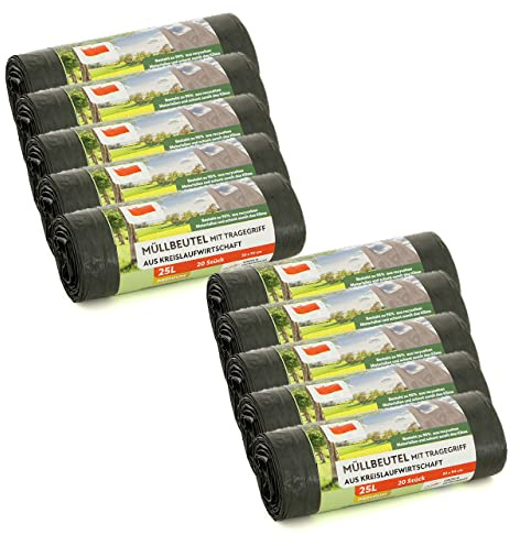 Müllbeutel mit Tragegriff, grau, 95% recyceltes Material (Grau 25 L 10er)