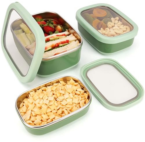 BELLE VOUS (Pack de 3 Recipientes Herméticos para Alimentos Acero Inoxidable con Exterior Antideslizante - Libre de BPA - Tarros Almacenaje Cocina - Para Microondas y Congelador