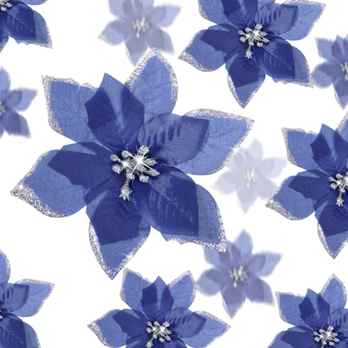 Cindeer 36 Poinsettias de Sapin de Noël Fleurs Artificielles à Paillettes avec Clips pour Nouvel An, 10 cm, 15 cm, 22 cm (Bleu Marine)