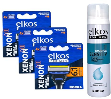 elkos Xenon 6.1 Rasiererklingen | Ersatzklingen für elkox Xenon 6.1 Rasierer (3er Pack) + elkos for Men Rasiergel Sensitiv Beruhigend 200ml