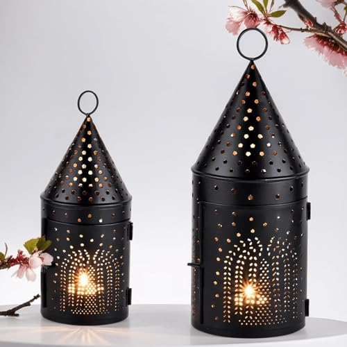 MARRAKESCH 2er Set Weihnachtslaterne 30cm & 22cm Schwarz aus Metall | Laterne Windlicht Christmas für Weihnachten Laternen für draußen