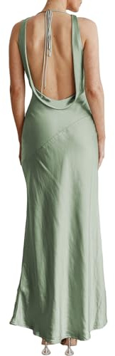 Satin Cowl Neck Sleeveless Backless Maxi Wedding Guest Dress Silk Open Back Tie Back Prom Formal Dresses for Women 2025 Sage