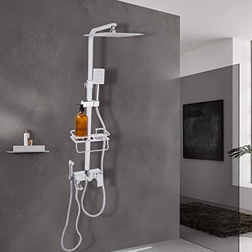 Edelstahl Duschsystem, Duschpaneel Duschset, Duschamatur Regendusche Set, Massage Duschkopf mit 360°Handbrause Doppelkopf, Duschstange Höhenverstellbar Duschsäule, für Haus und Hotel (silber)