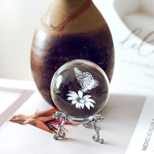 JFTOSALE 60 mm 3D-Laser-Schmetterling-Kristallkugel mit Ständer, Briefbeschwerer, Glas-Schmetterling mit Blume, dekorative Kugeln, Dekoration für den Heimtisch