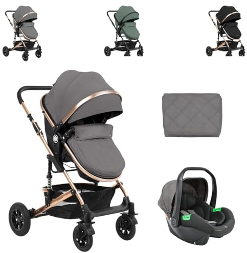 Kikkaboo Kombikinderwagen Amaia 3in1 i-Size Babyschale umbaubar Federung Tasche, Farben:grau