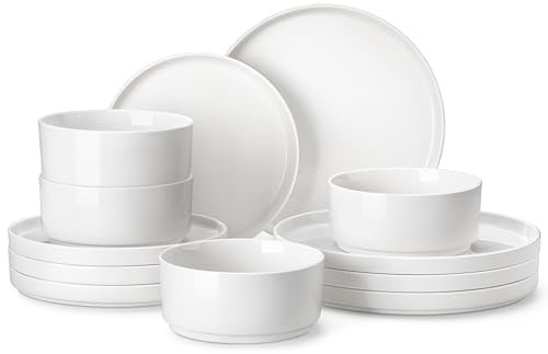 MALACASA 12 Pieces Porcelain Dinnerware Set, Modern White Dish Set for 4, Premium Serving Plates and Bowls Sets, Chip and Scratch Resistant Dishware Sets Kitchen Dishes Dining Ware Set, Series LEAH