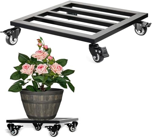 Ompinda Square Plant Caddy with Wheels, 12 inch Heavy-duty Iron Plant Stand with Lockable Caster Wheels for Indoor and Outdoor Plant Pot