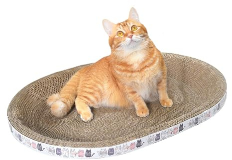 2-in-1 Katzenkratzbett & Kratzbrett Oval - Hochdichte Wellpappe für Krallenpflege & Schlaf - Langlebige Katzenkratzpappe für Katzen bis 5kg - Effektiver Möbelschutz