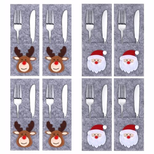 Thoquene 8 Stück Filz Bestecktasche Weihnachten, Besteckhalter Weihnachten Weihnachtsmann Rentier Muster