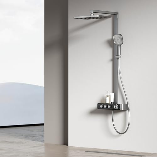 EMKE Duschsystem mit Thermostat, 36 x 24 cm Regendusche, Anthrazit | Handbrause mit 4 Strahlstärken, Glasablage, Verbrühungsschutz, großer 360x240 mm Regendusche, für Familienbadezimmer