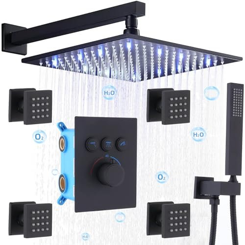 Black Thermostatic Concealed Shower Mixer Set with 12 Inch LED Rain Shower System Body Jets and Simultaneous Operation